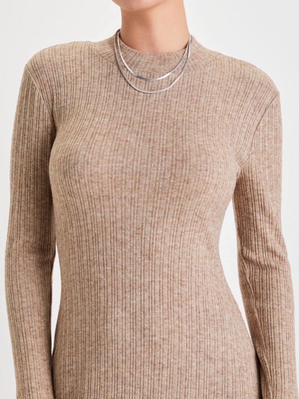 Lulus Long Sleeve Ribbed Midi Sweater Dress, Heather Beige, XS - Picture 3 of 7